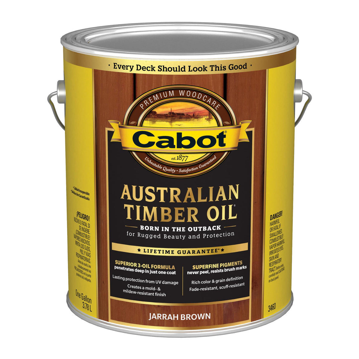 Cabot Australian Timber Oil Jarrah Brown enhances outdoor deck color with deep penetration.
