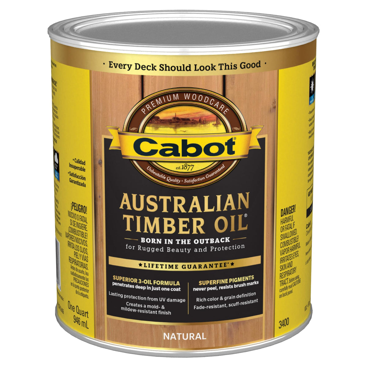 Cabot Australian Timber Oil bottle highlighting 3-way protection for outdoor wood
