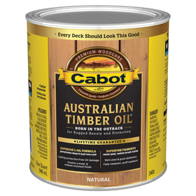 Cabot Australian Timber Oil bottle highlighting 3-way protection for outdoor wood