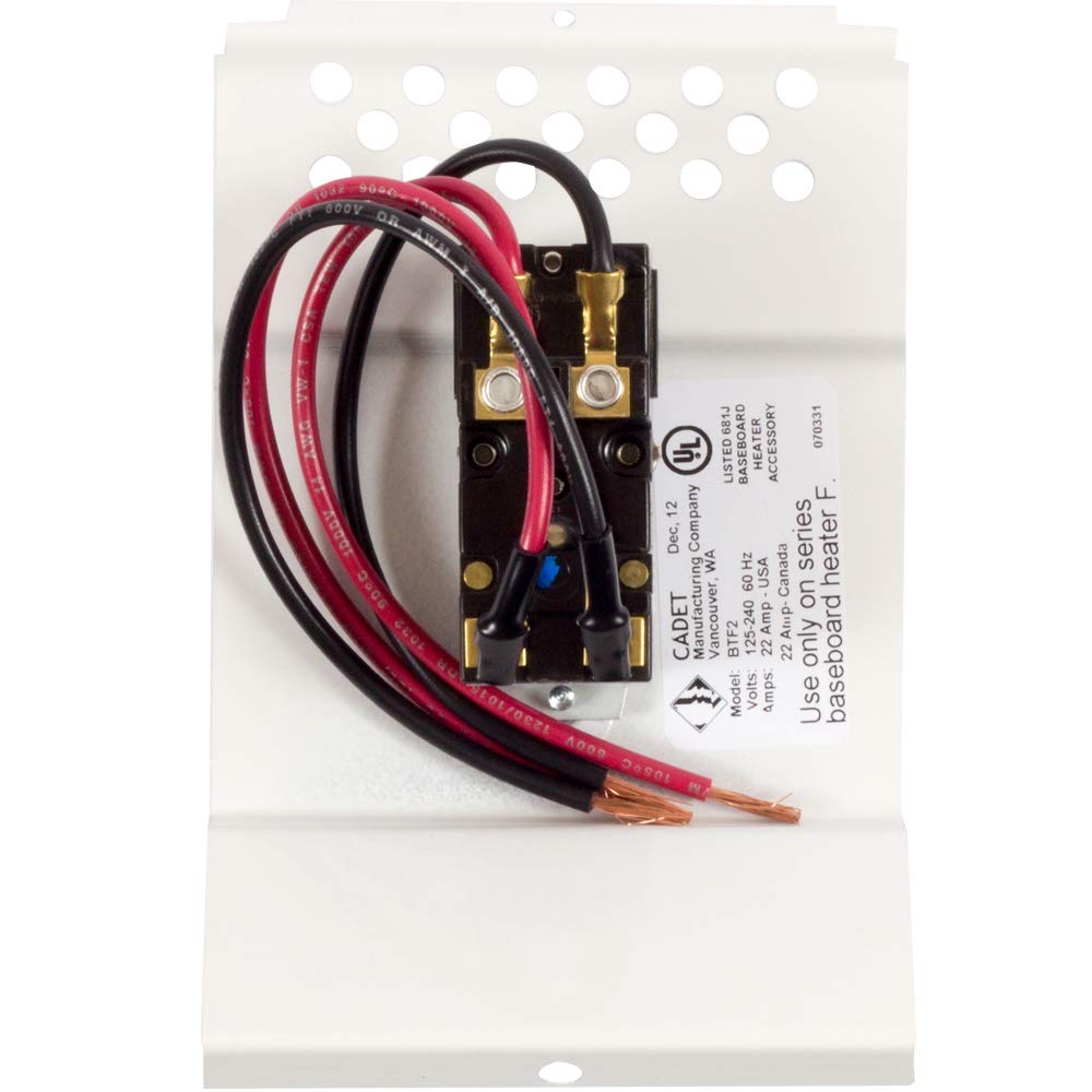 Cadet BTF2W white faceplate design blending with baseboard heater aesthetics.