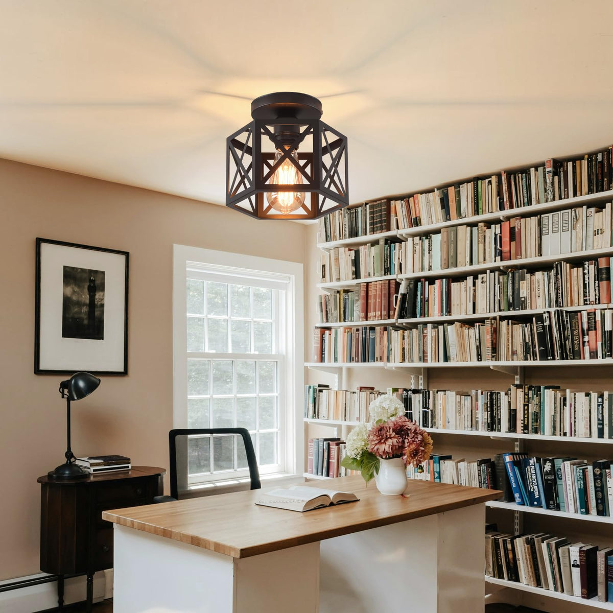 CAFULAM bedroom farmhouse light with cage design creates cozy, welcoming atmosphere.