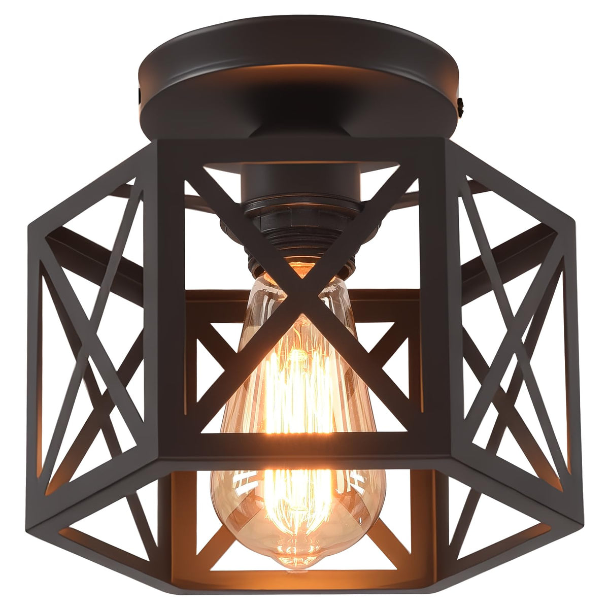 CAFULAM black flush-mount ceiling light with cage close-up for industrial kitchen ambiance.