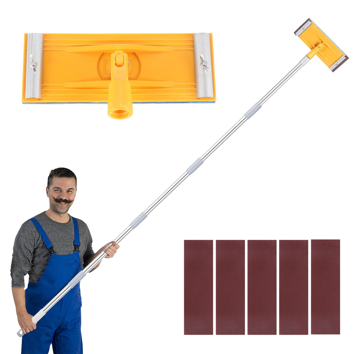 Cagaloi pole sander with extendable rod for ceilings and high walls.