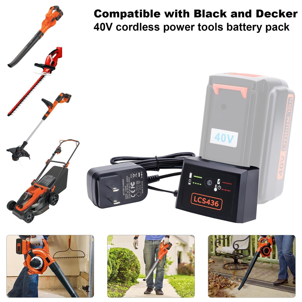 Cailingbat LCS436 compatibility panel showing supported Black & Decker batteries