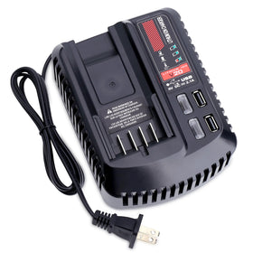 Cailingbat V20 charger front view with dual USB ports for easy device charging.