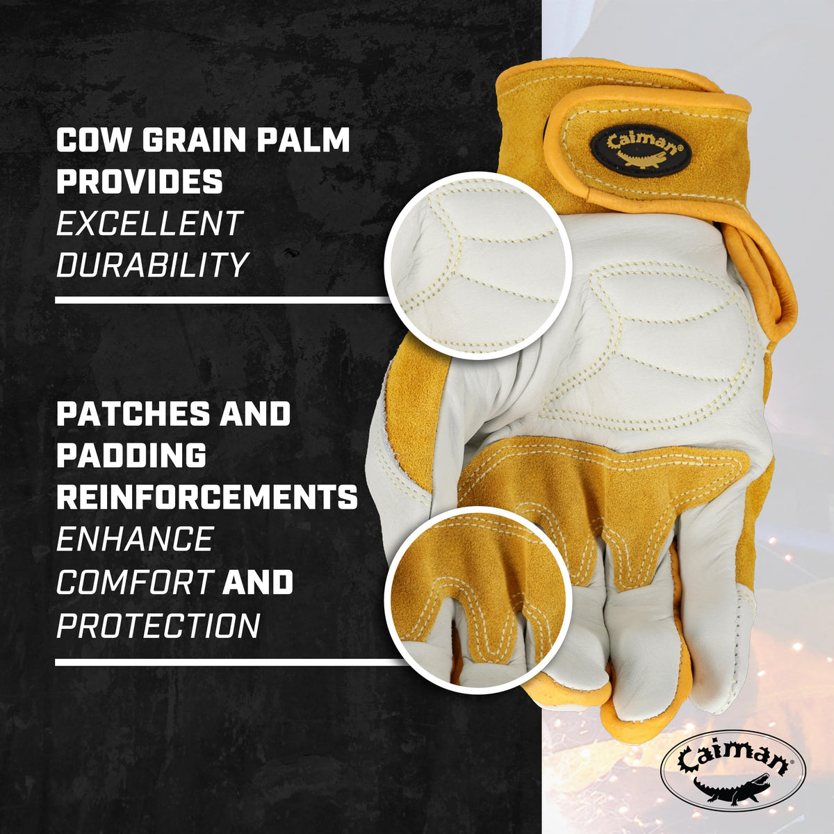 Caiman gloves palm padding close-up highlighting enhanced protection and reduced fatigue potential