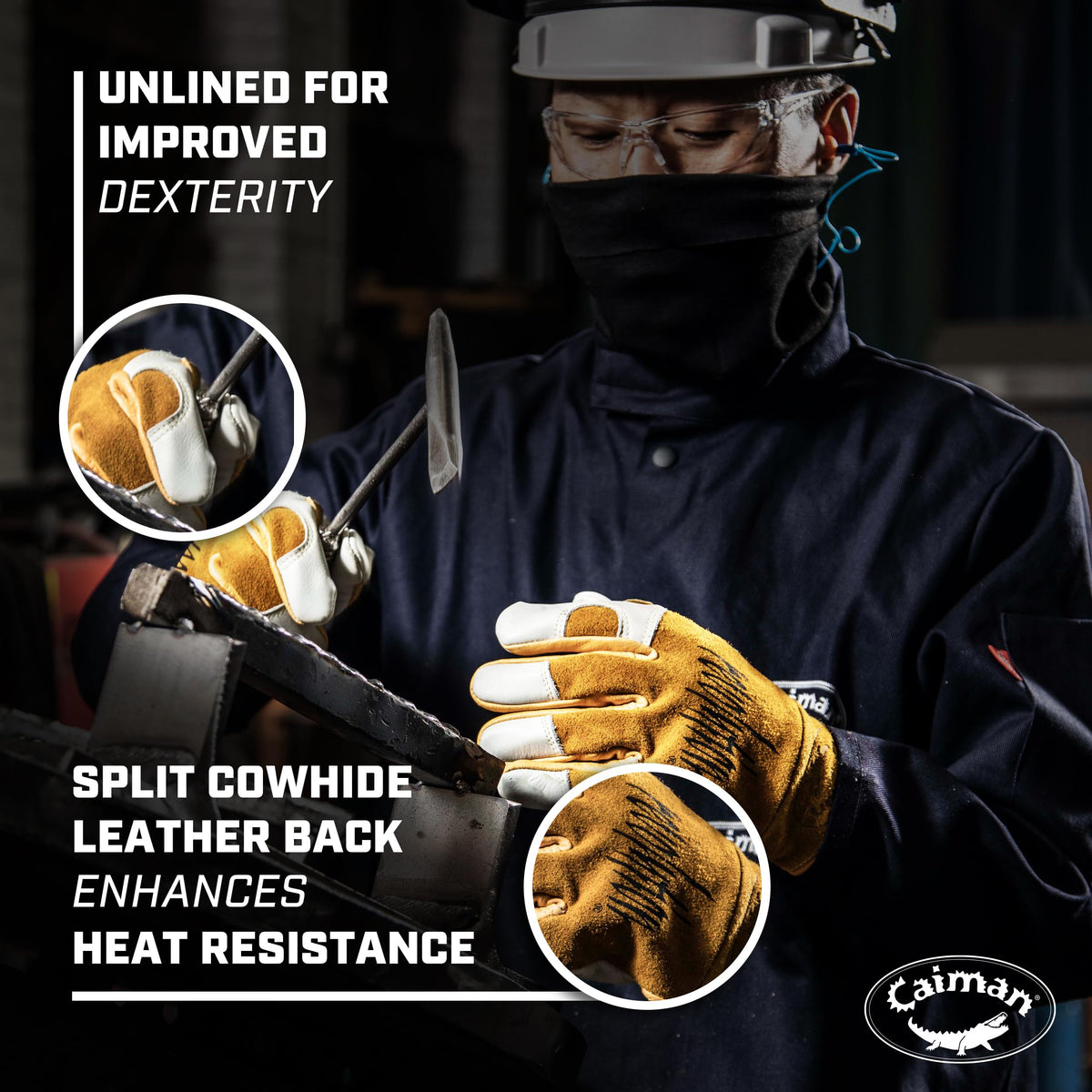 Caiman gloves thumb saddle close-up shows ergonomic design for comfortable welding