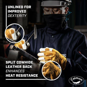 Caiman gloves thumb saddle close-up shows ergonomic design for comfortable welding