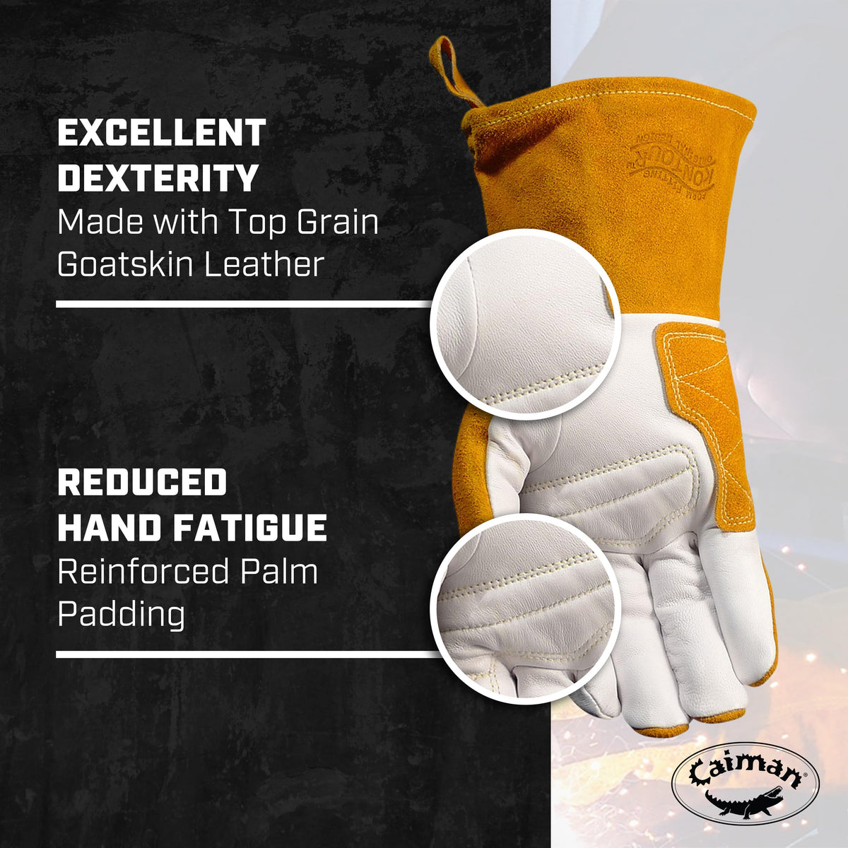 Caiman gloves back with gold split cowhide for durable heat resistance