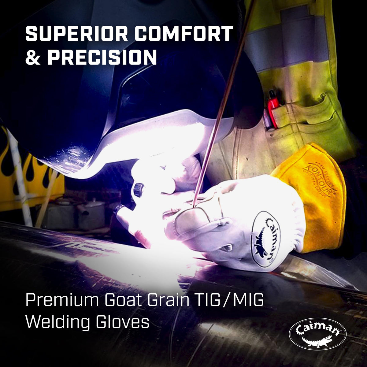 Caiman Premium Goat Grain TIG/MIG gloves back with wool insulation keeps hands warm.