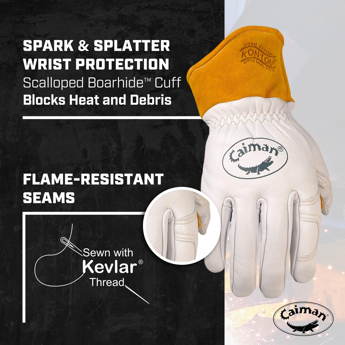 Caiman Premium Goat Grain TIG/MIG gloves pulse protector adds safety.