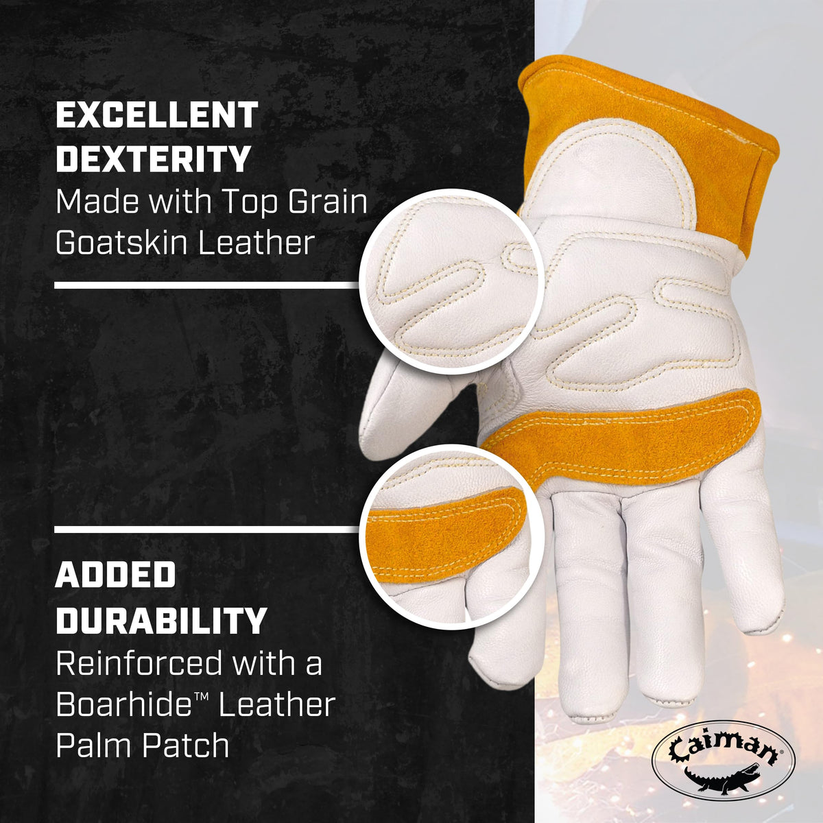 Caiman Premium Goat Grain TIG/MIG gloves scalloped cuff protects forearms from sparks.