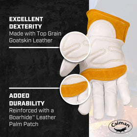 Caiman Premium Goat Grain TIG/MIG gloves scalloped cuff protects forearms from sparks.