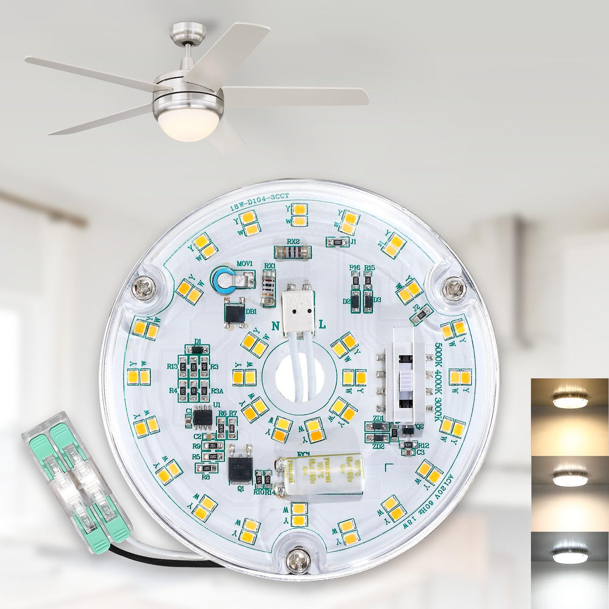 Caisens ceiling fan light kit 107mm panel showing compact retrofit design for versatile rooms