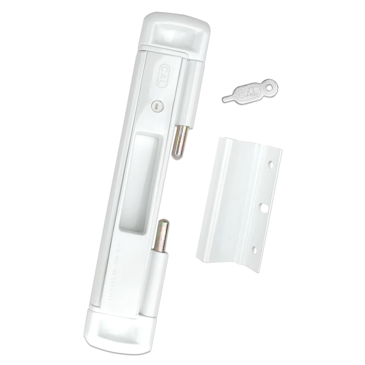 CAL Double-Bolt Lock front view in white with a slim profile for secure sliding doors.