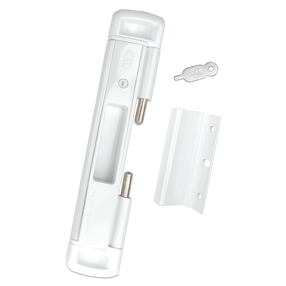 CAL Double-Bolt Lock front view in white with a slim profile for secure sliding doors.
