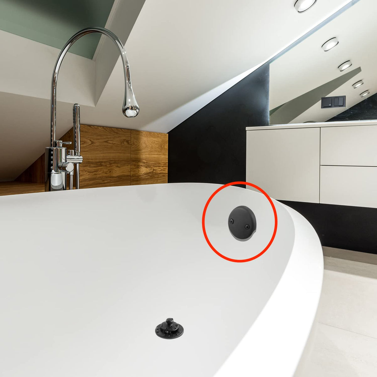 CalcMetal matte black overflow plate with screws for quick installation.
