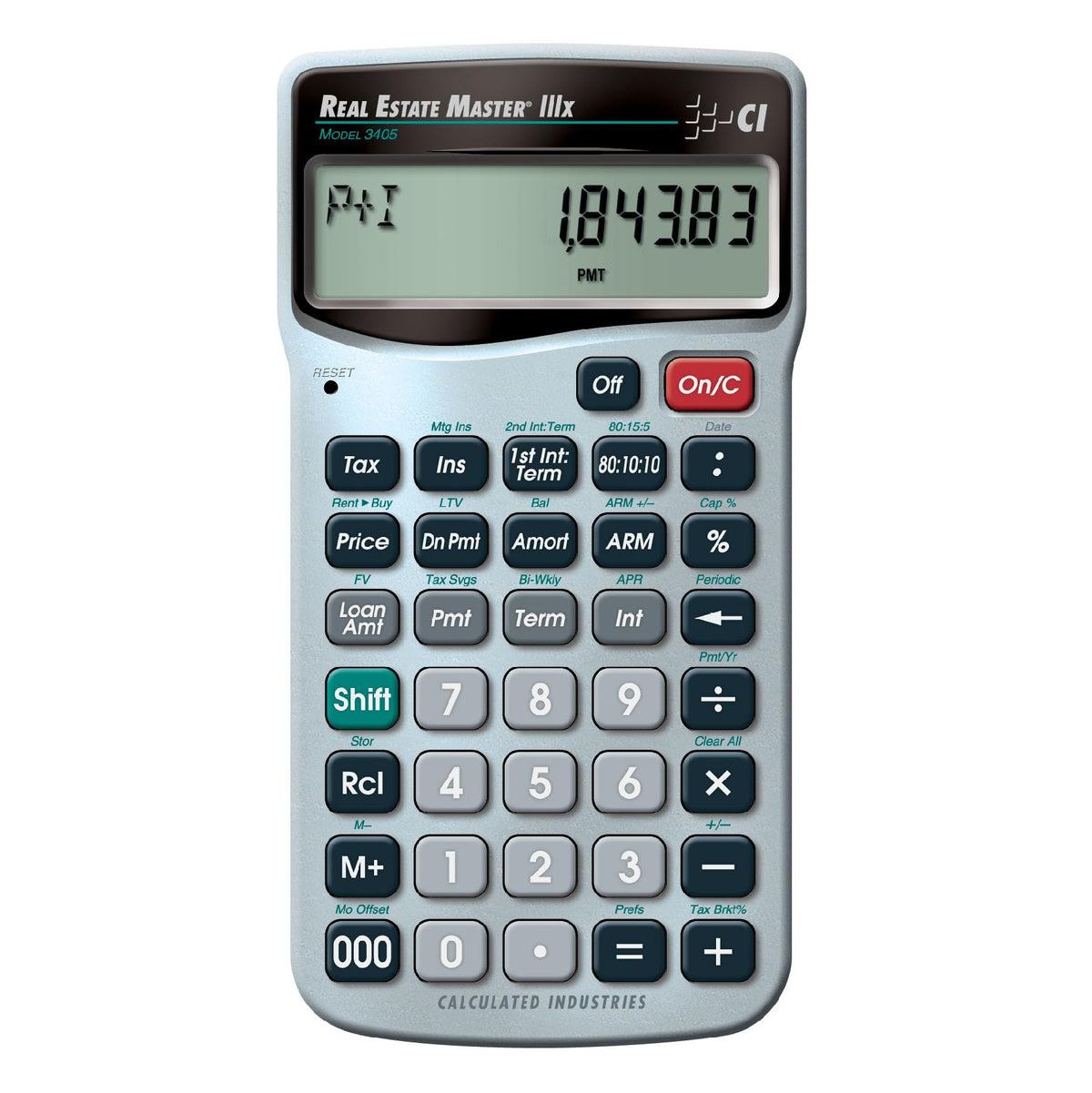 Calculated Industries 3405 Real Estate Master IIIx with dedicated keys for quick client answers.