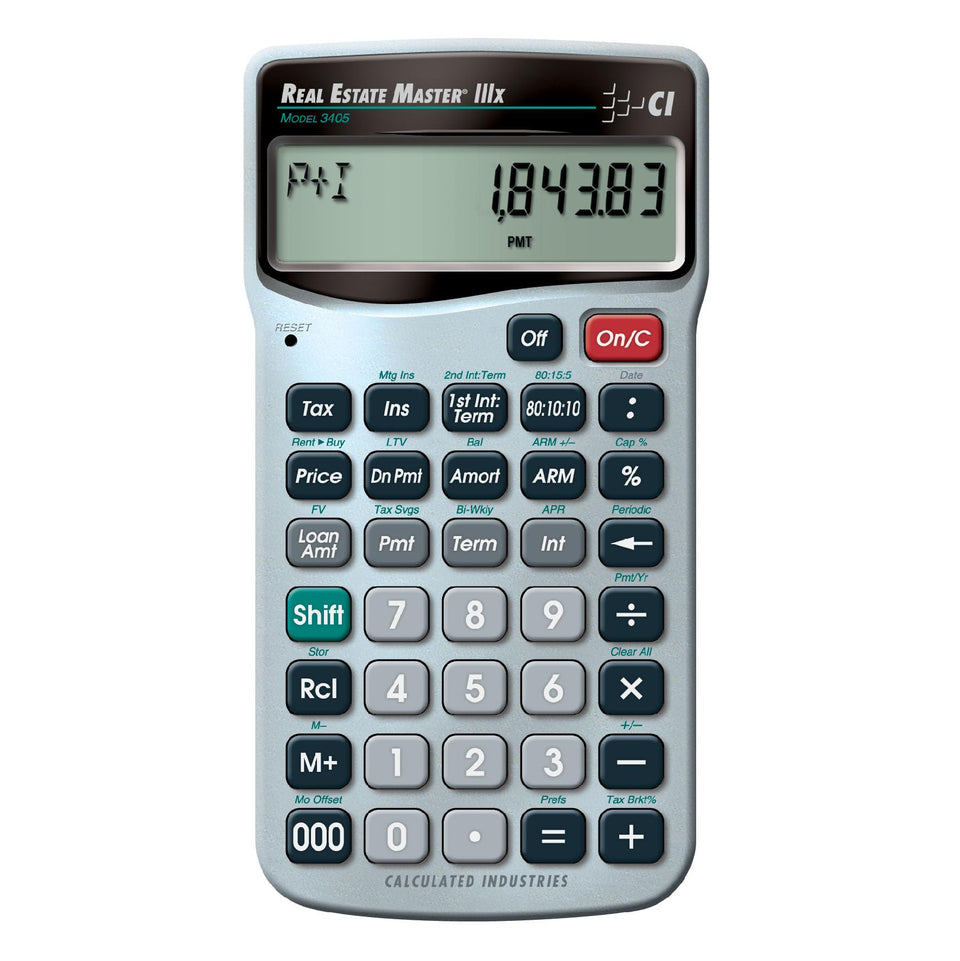 Calculated Industries 3405 Real Estate Master IIIx with dedicated keys for quick client answers.