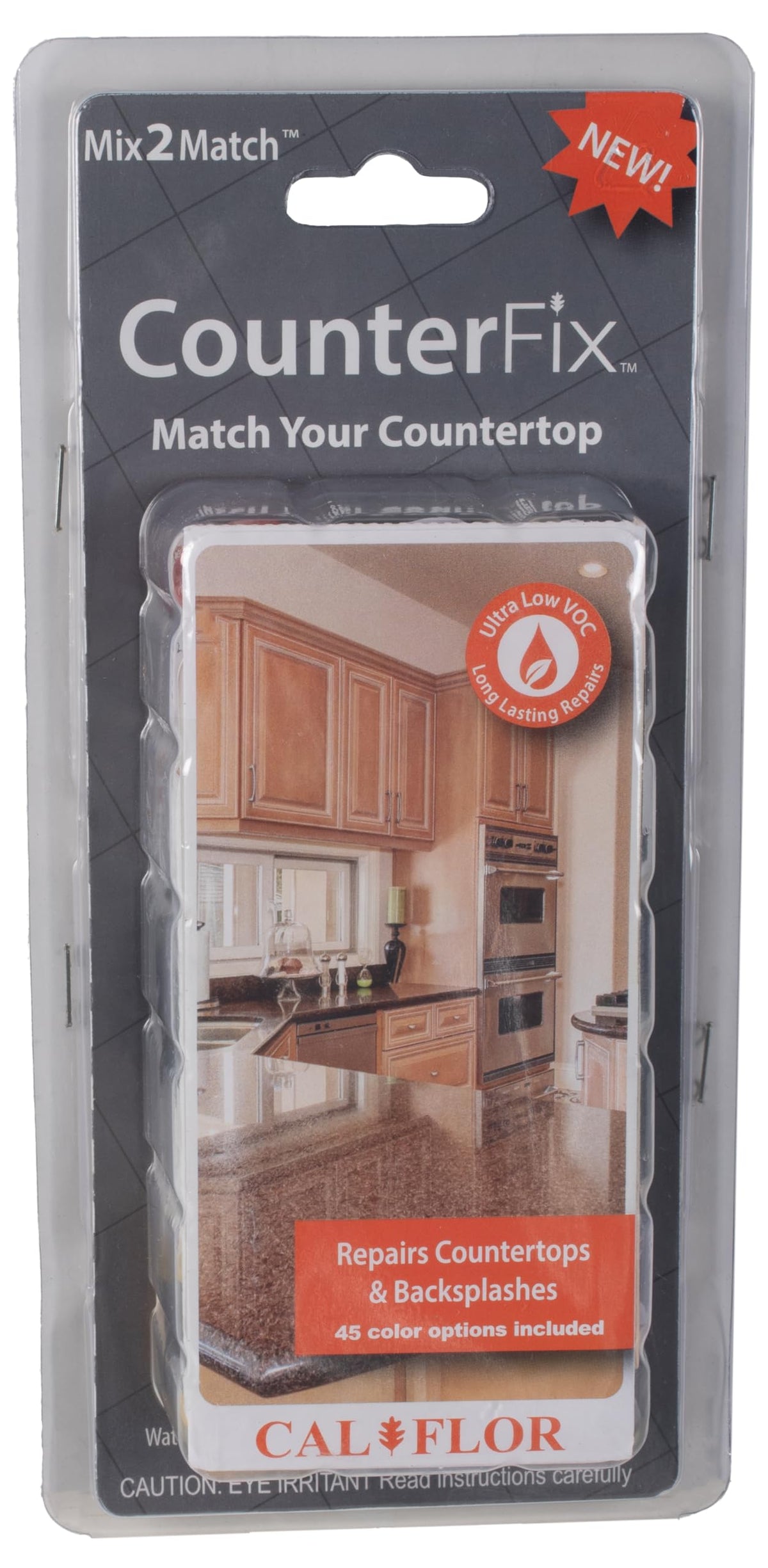 CalFlor CounterFix Mix2Match kit contents with putty and six tints for precise countertop repairs.