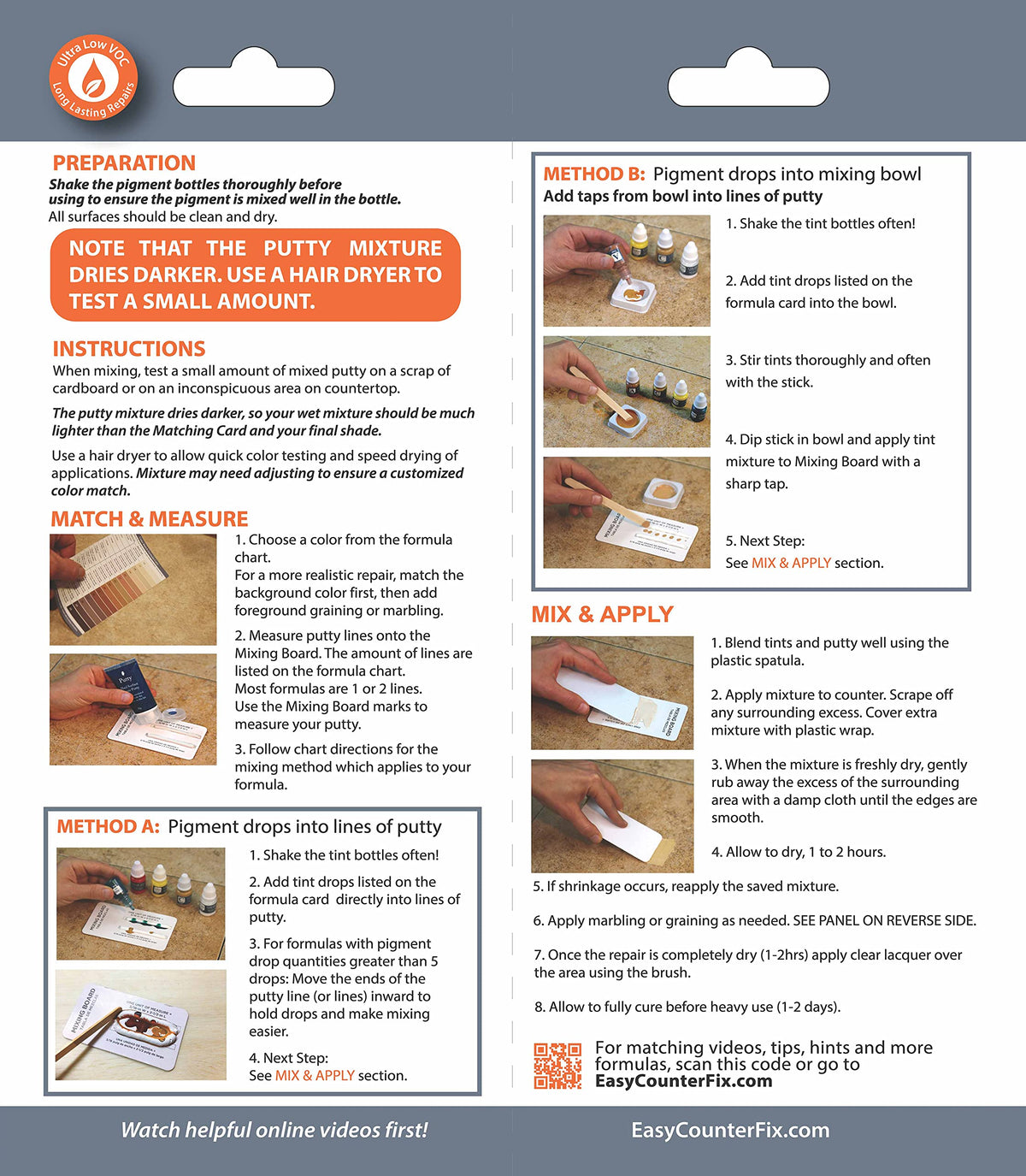 CalFlor CounterFix Mix2Match works on stone and wood surfaces.