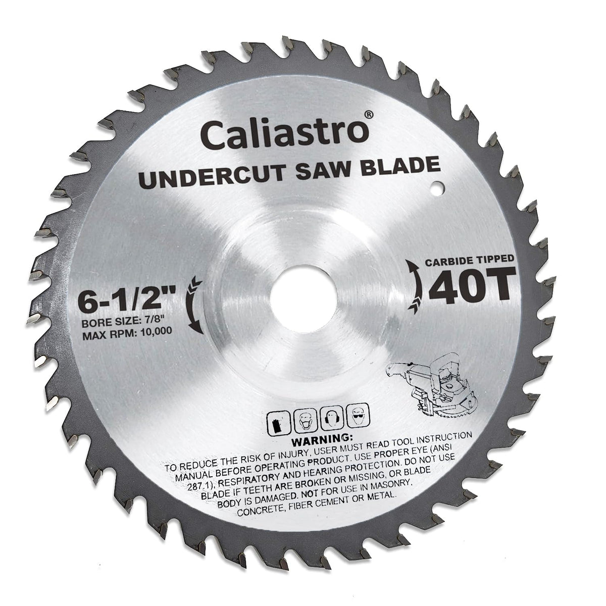 Caliastro undercut saw blade close-up showing carbide teeth for clean cuts.