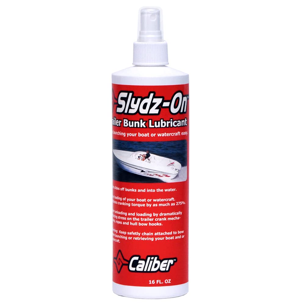Caliber Slydz-on bunk lubricant bottle helps smooth boat launches and protects trailer components.