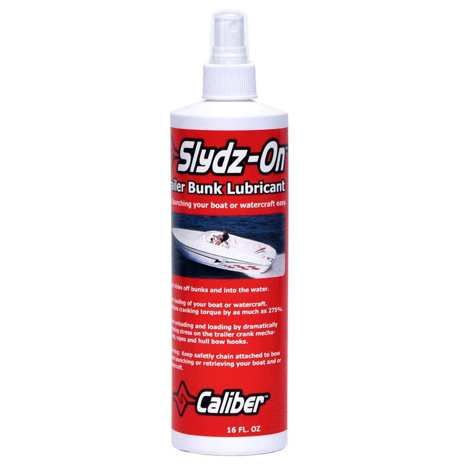 Caliber Slydz-on bunk lubricant bottle helps smooth boat launches and protects trailer components.