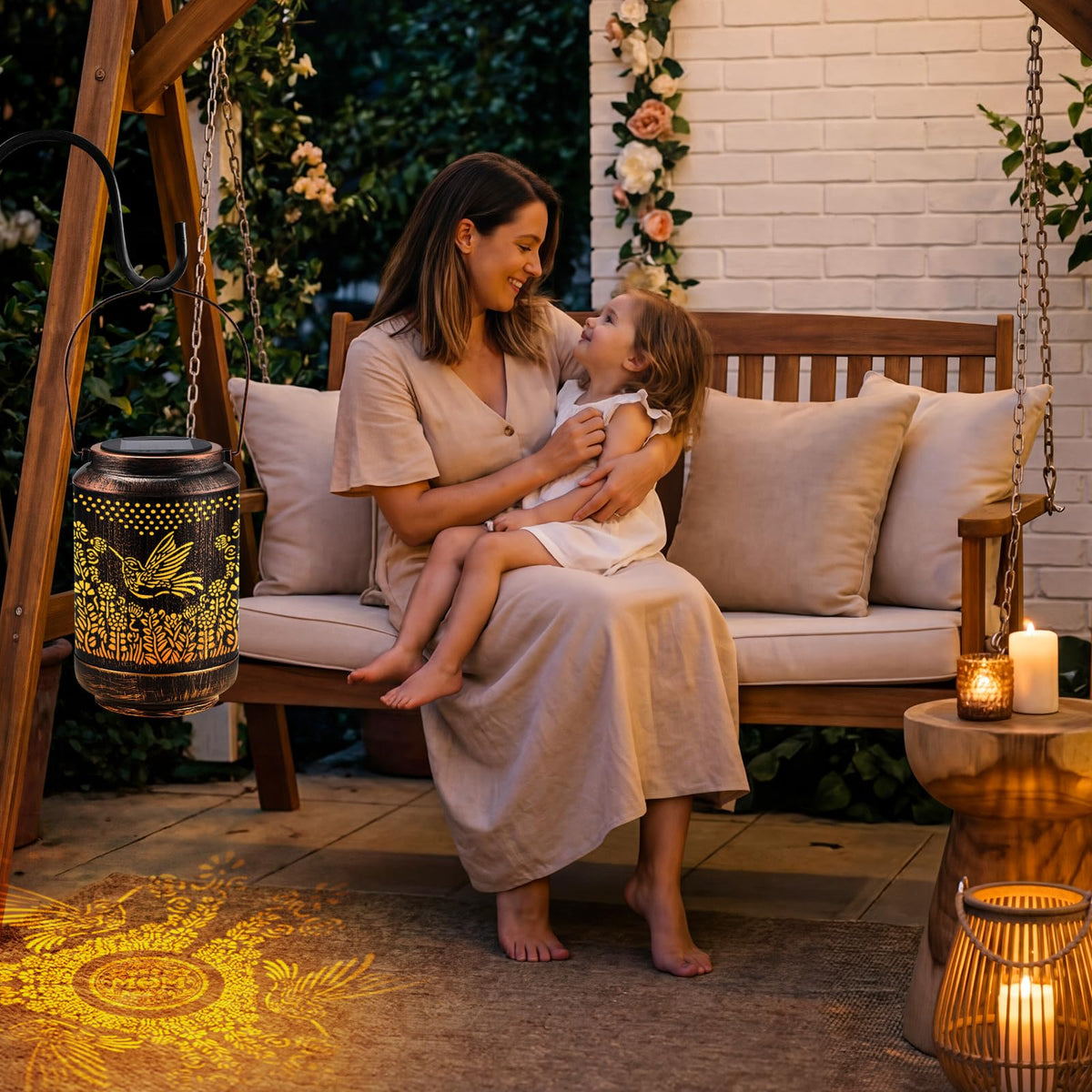 Calibron solar garden lantern with gold-copper finish lighting pathways.
