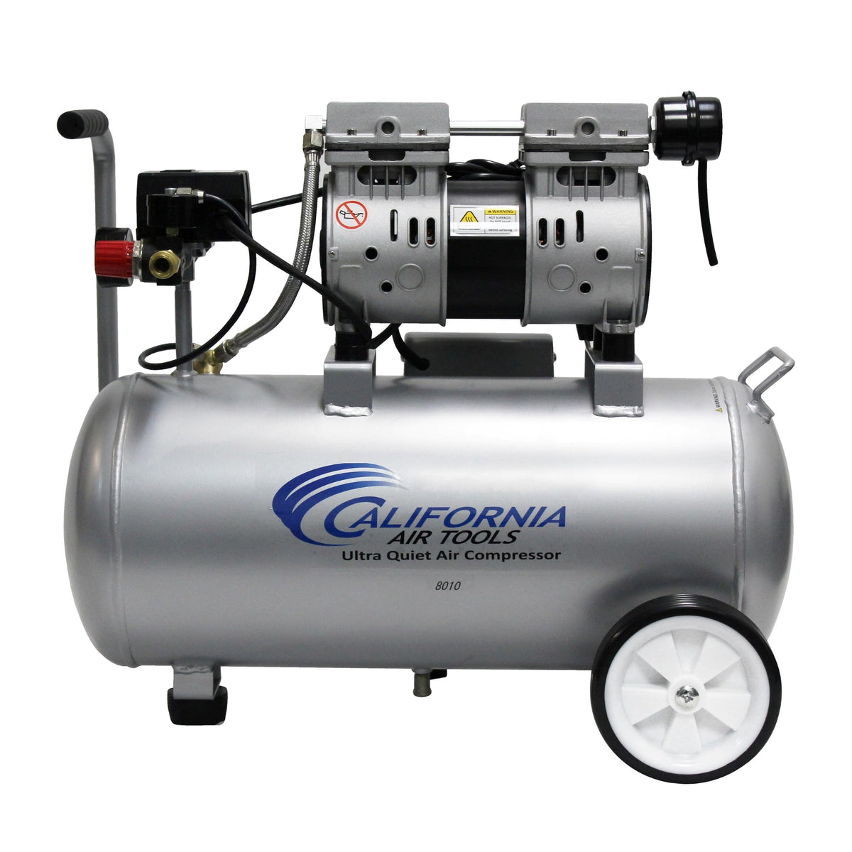 California Air Tools 8010 front view highlights compact design for indoor use.
