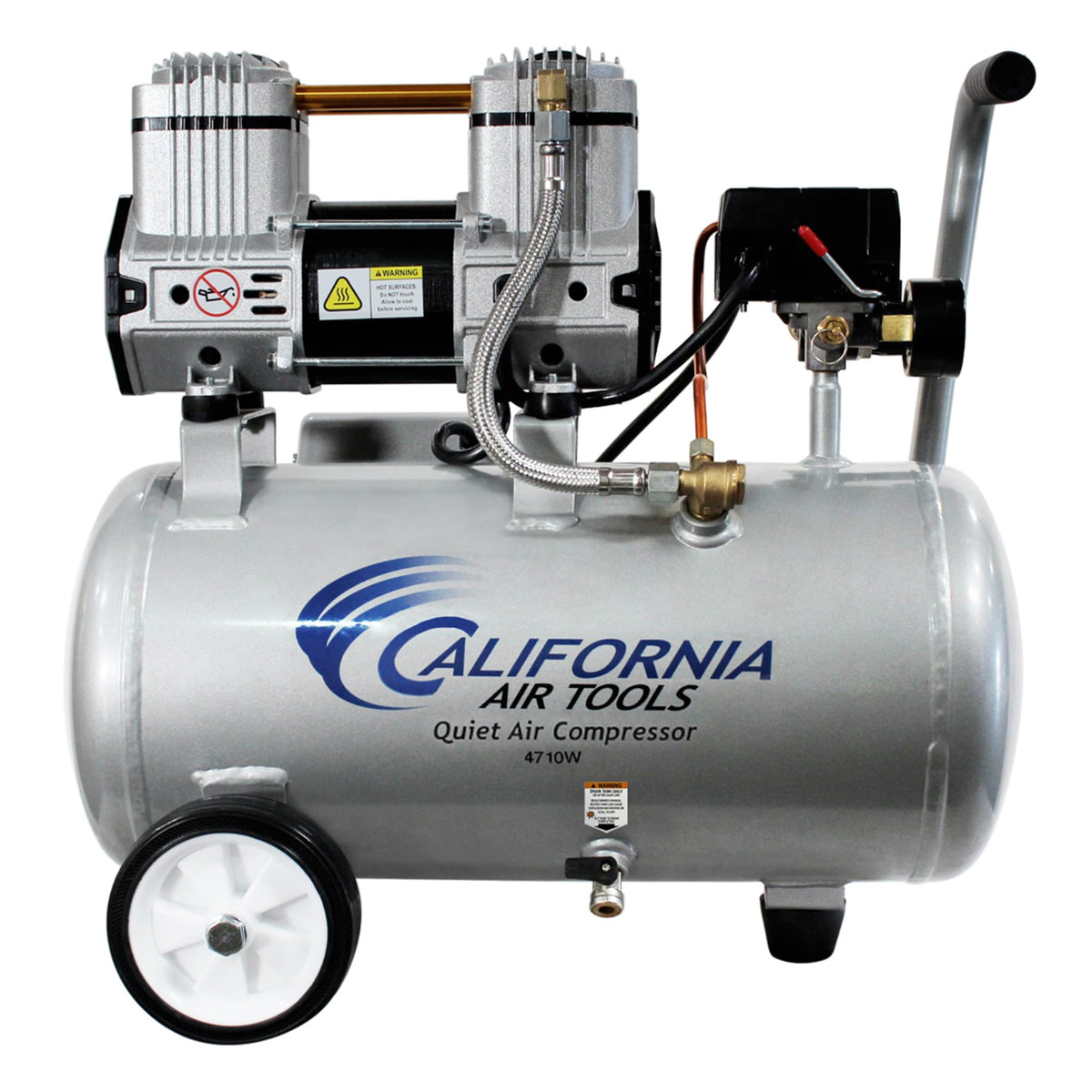 California Air Tools CAT-4710W with 4.7-gallon tank, whisper-quiet performance for shops.
