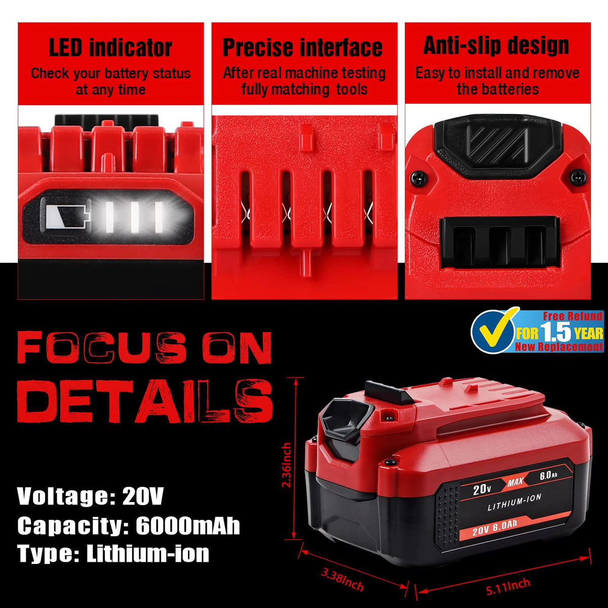 Calihutt 6.0Ah battery fits Craftsman V20 chargers securely