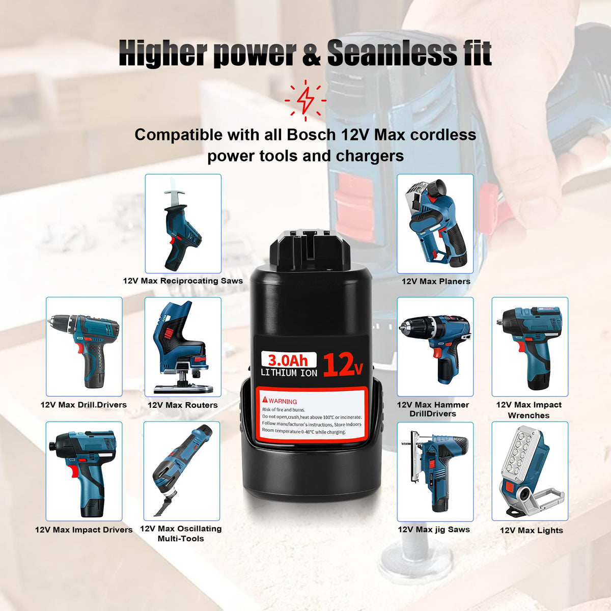 CaliHutt Bosch 12V battery side view highlights slim profile for tool access
