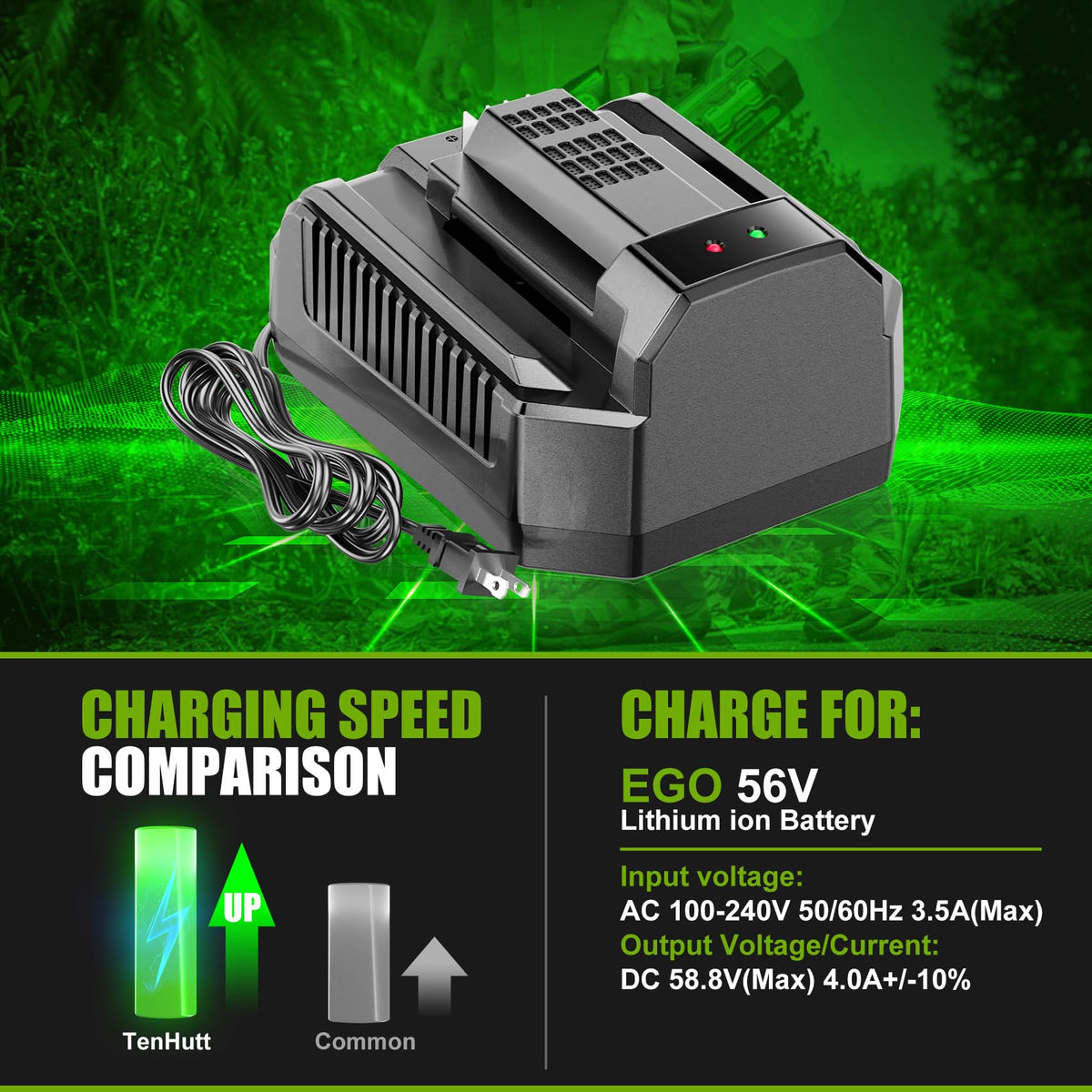CaliHutt EGO 56V faster charger side angle shows rugged design.