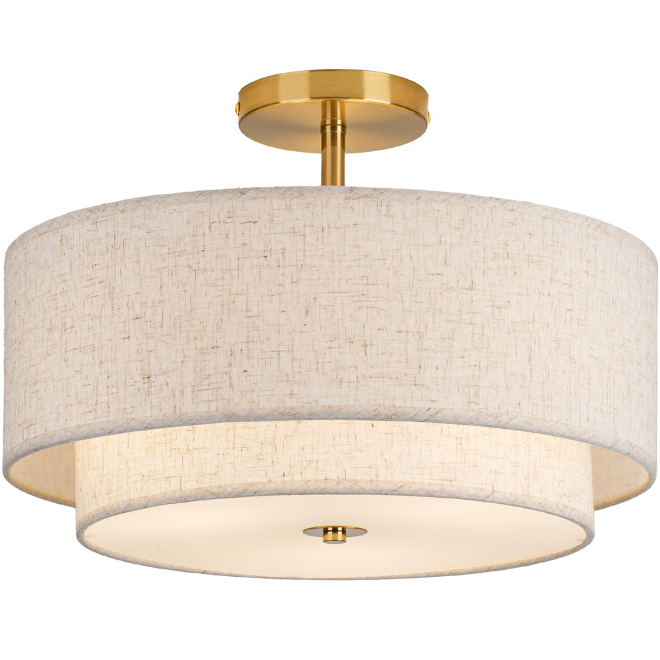 CALOKES double drum gold 3-light semi flush mount in a living room setting