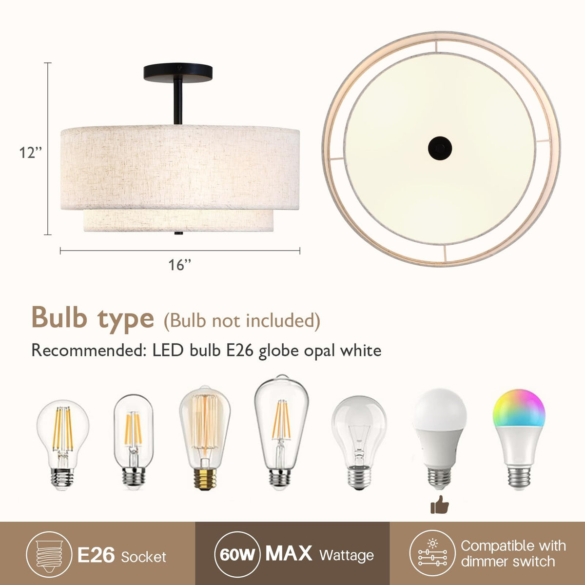 CALOKES outer fabric shade and inner shade diffusion for softer light.