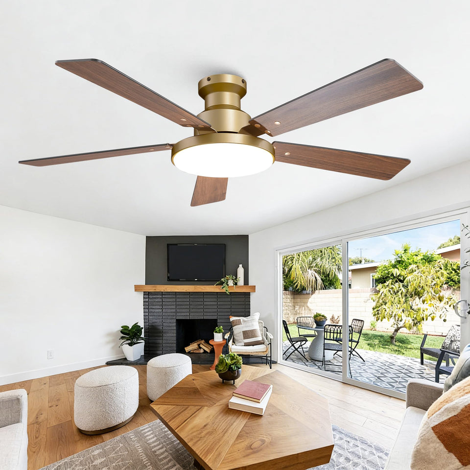 CalorHoga 52in low-profile fan with light for broad room illumination.