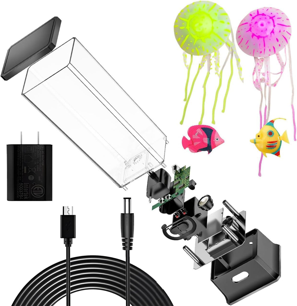 CALOVER Jellyfish Lamp's water tank displays floating faux jellyfish for soothing ambience.