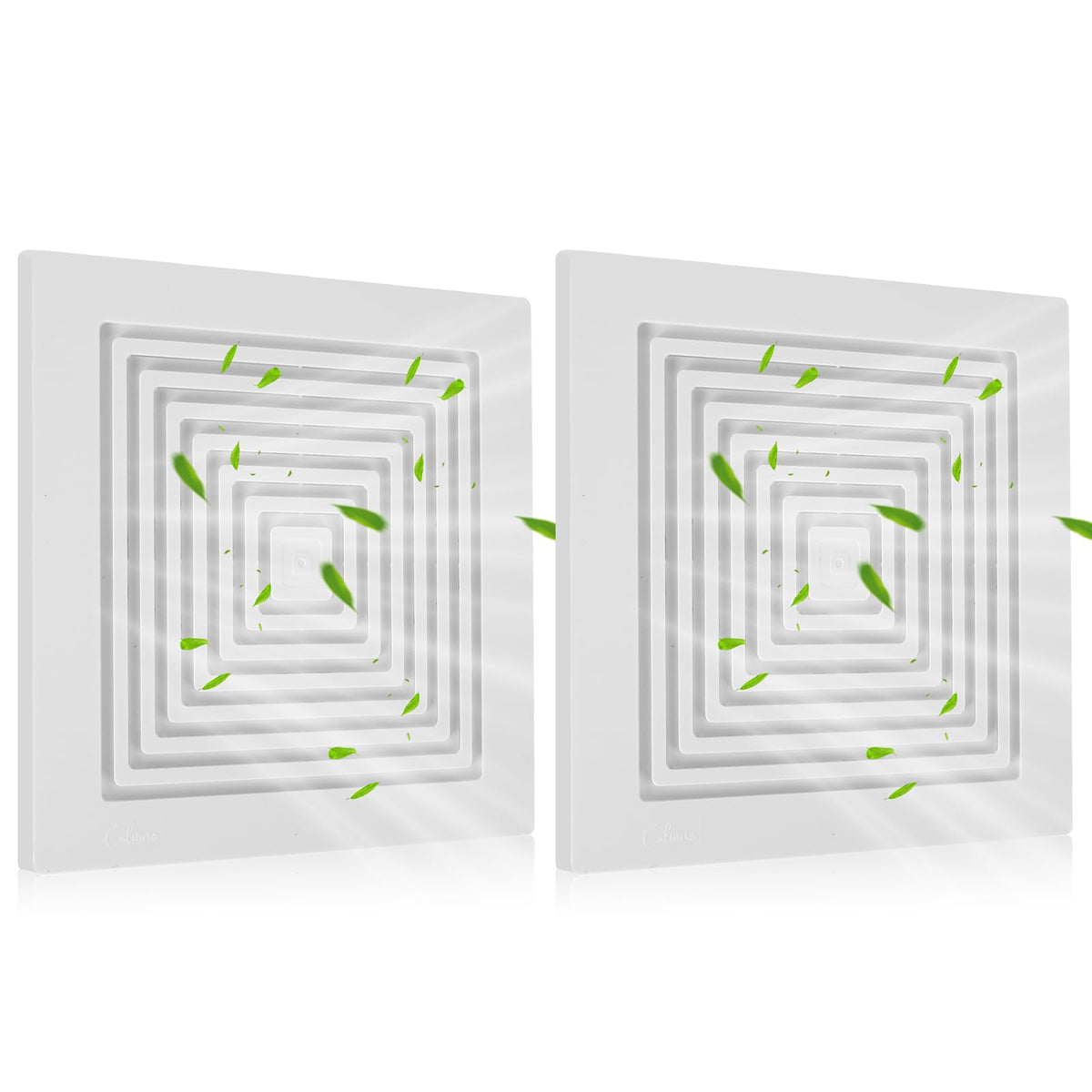 Calvana BP90 bathroom exhaust fan cover in white, square grille for improved airflow.