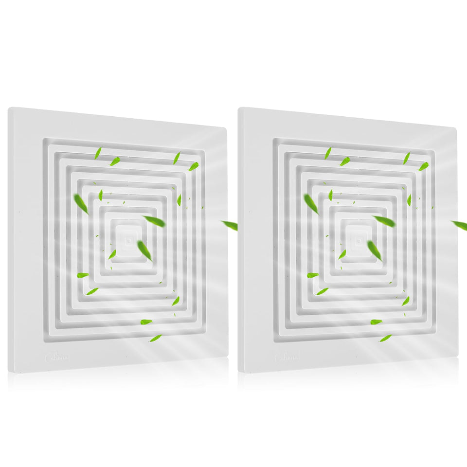 Calvana BP90 bathroom exhaust fan cover in white, square grille for improved airflow.