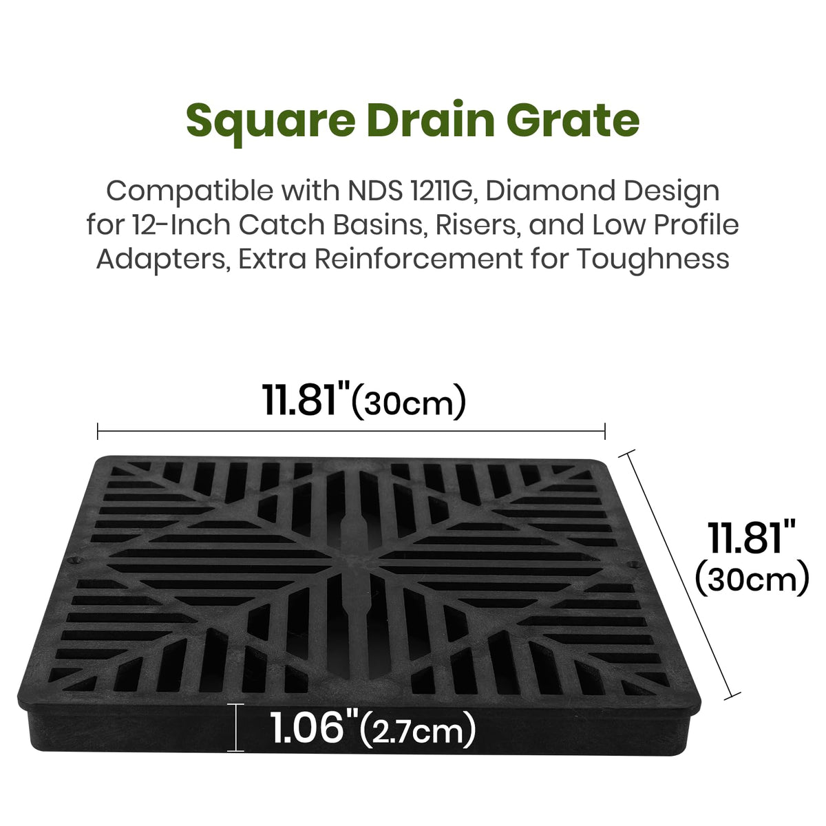 Calvana diamond-pattern drain grate reducing debris while allowing water flow.
