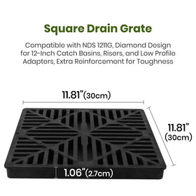 Calvana diamond-pattern drain grate reducing debris while allowing water flow.