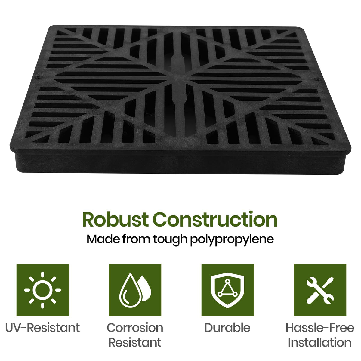 Calvana square 12-inch drain grate fits catch basins and risers securely.