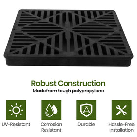 Calvana square 12-inch drain grate fits catch basins and risers securely.