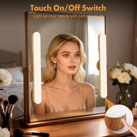 Cambk wood-tone vanity light bar design adds warmth to modern vanities.