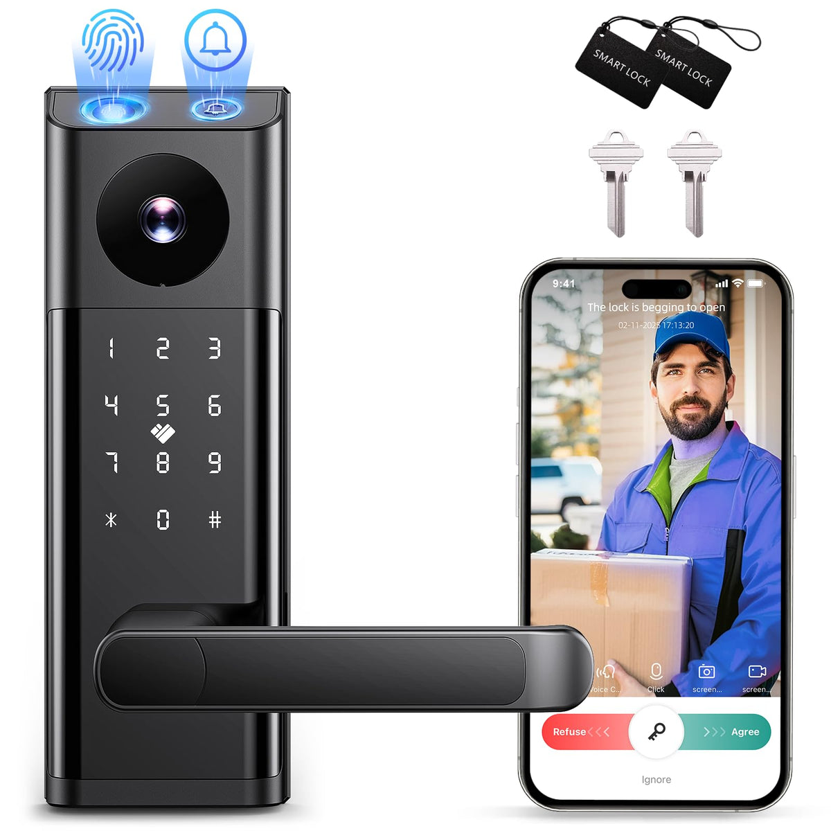 Camcamp smart lock with camera doorbell front view showing entry point and handle