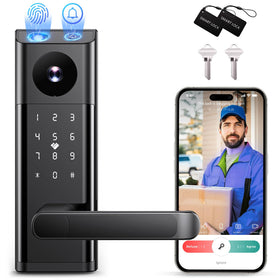 Camcamp smart lock with camera doorbell front view showing entry point and handle