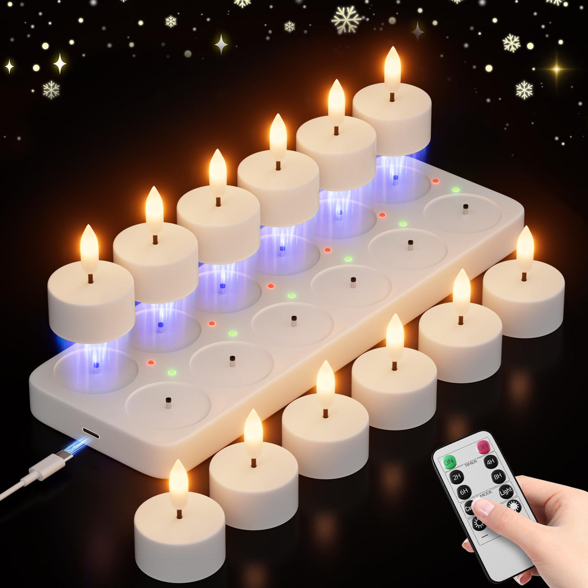 CAMCLIM rechargeable tea lights with charging station showing green indicators for quick readiness