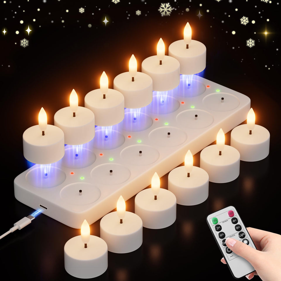 CAMCLIM rechargeable tea lights with charging station showing green indicators for quick readiness