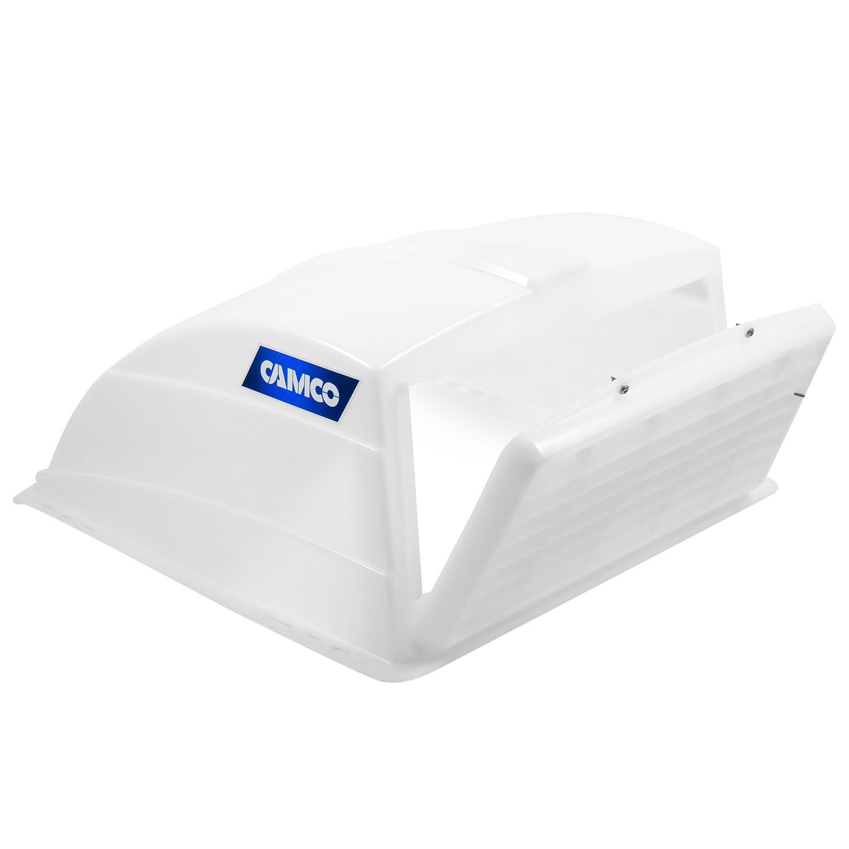 Camco 40431 RV white roof vent cover, side view, aerodynamic profile and rain protection